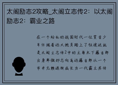太阁励志2攻略_太阁立志传2：以太阁励志2：霸业之路